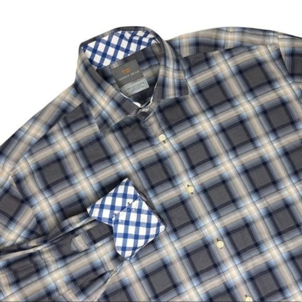 Thomas Dean Mens L Pima Cotton Plaid Button Down Shirt Grey Blue Gingham Trim